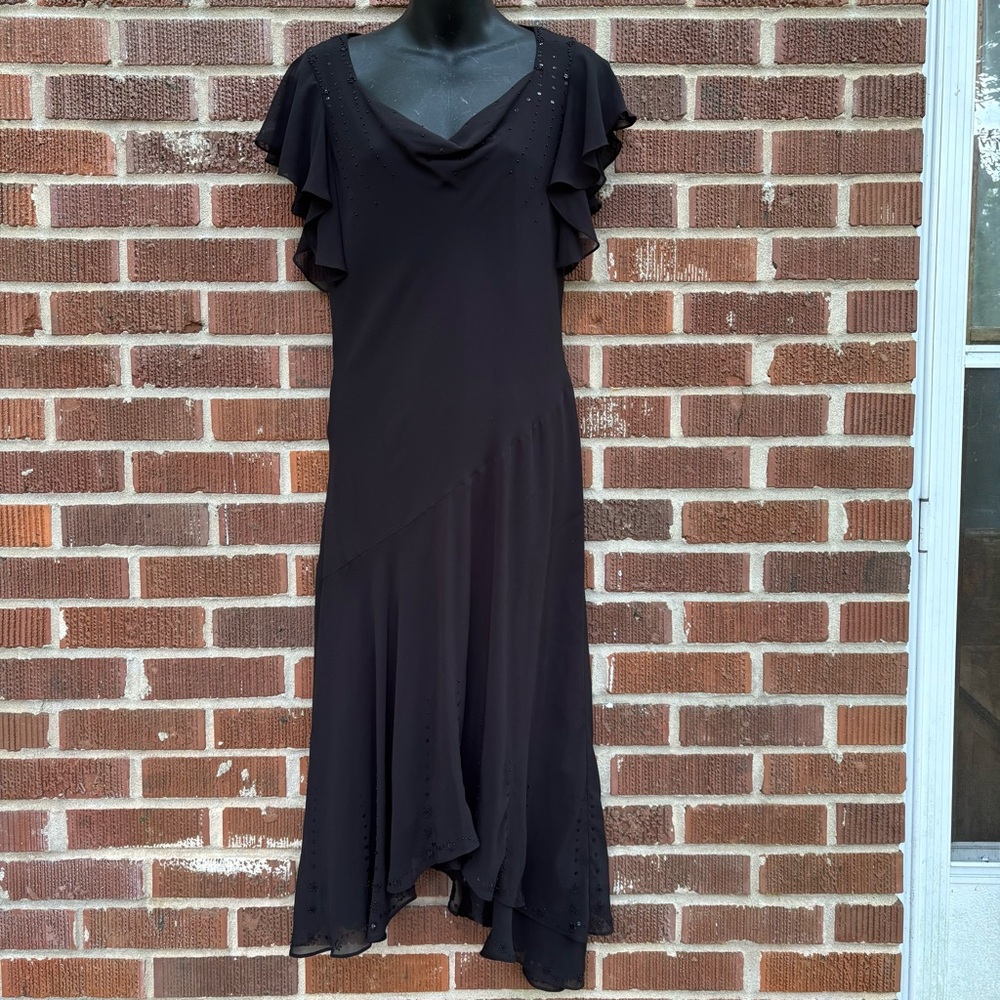 Adrianna Papell Black Beaded Flutter Sleeeve Draped Cocktail Dress Size 8
